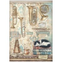 Stamperia - Rice Paper A4 - Symphony trompetten en kat